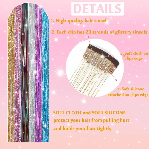Miniatura 4 de Paquete de 12 extensiones de cabello de oropel con clip, 24 pulgadas, accesorios para el cabello de hada brillante para niñas y mujeres, fiesta