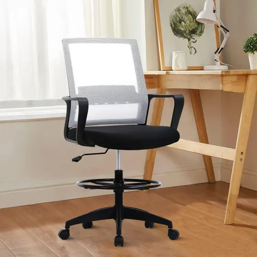 Miniatura 8 de Silla de redacción alta para escritorio de oficina, respaldo medio, altura de barra ajustable, silla de oficina con soporte lumbar y anillo