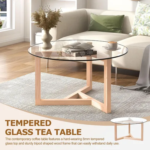 Miniatura 7 de Mesa auxiliar ovalada de vidrio templado de 3 capas con patas de madera de roble de almacenamiento, mesa auxiliar moderna para sala de estar