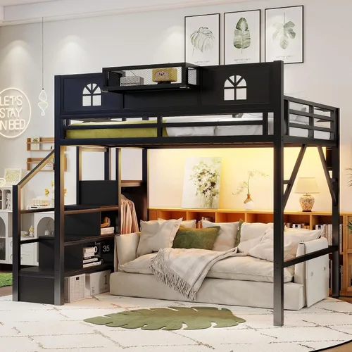 SOFTSEA Cama tipo loft de metal completo con escaleras y armario, cama alta para niños con barandillas en forma de casa y estantes de Negro