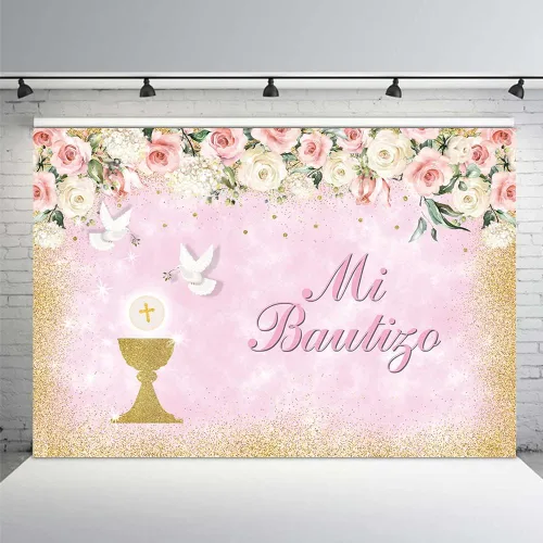 Miniatura 8 de MEHOFOND Mi Bautizo - Telón de fondo para fiesta de bautismo para niños, fondo de fotografía de fondo dorado con texto en inglés "Bless Bles", Azul