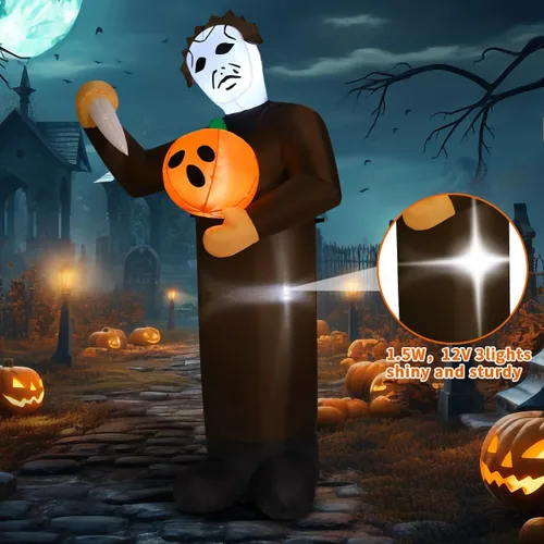 Miniatura 2 de COMIN Asesino de calabazas inflable de Halloween de 6 pies con LED incorporados, decoración de patio para fiestas de vacaciones en interiores