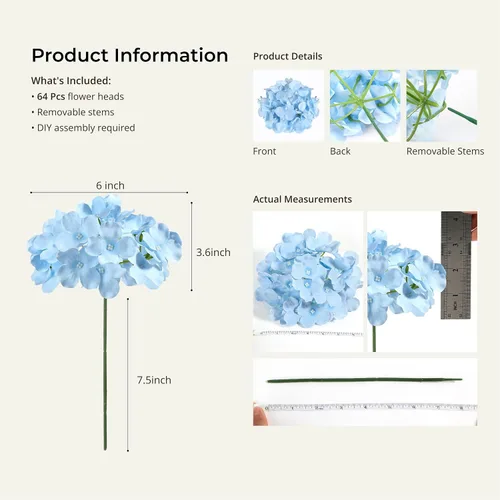 Miniatura 3 de Auihiay 64 piezas de flores artificiales de hortensia de seda, flores artificiales de hortensia con tallos, flores completas de hortensia