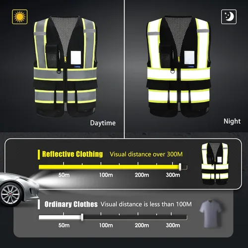 Miniatura 3 de AYKRM 11 color alta visibilidad reflectante chaleco de seguridad para mujeres hombres bolsillo cremallera ANSI/ISEA estándar Malla Negra
