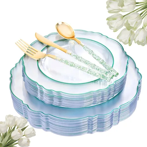 Miniatura 11 de Liacere - 150 platos de plástico plateado transparente y cubiertos desechables de plástico plateado con mango de bambú con purpurina - Platos