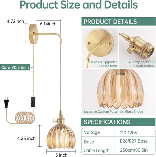 Miniatura 3 de Shenmoyl Candelabro de Pared Operado por Batería con Soporte de Cadena Ajustable, Patrón de Tulipán Verde, Vidrio con Diseño Retro en Oro, Lámpara