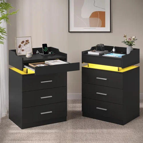 Miniatura 11 de HAUOMS Mesita de noche grande con estación de carga y luz LED, mesa auxiliar con 3 cajones y estante extraíble, mesita de noche con puertos USB