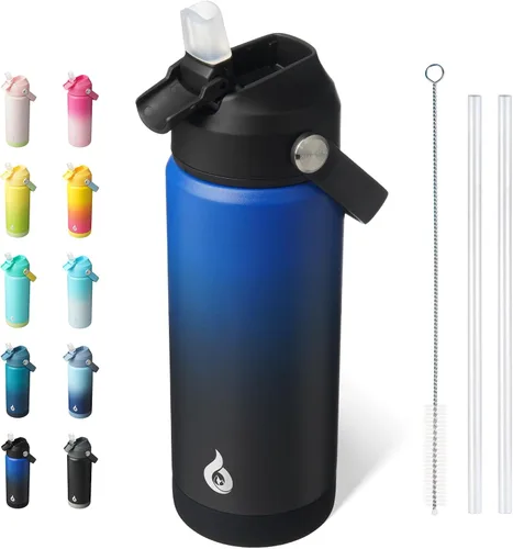 Miniatura 36 de BJPKPK - Botella de agua aislada con tapa de popote, 532 ml Botellas termo con boquilla suave, asa flexible y base antideslizante, libre de BPA, a