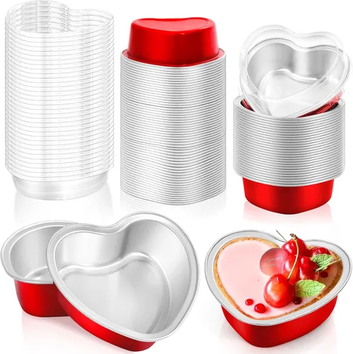 Miniatura 8 de Moldes grandes en forma de corazón para hornear, 20 juegos de recipientes desechables de papel de aluminio de 9 onzas con tapas, molde
