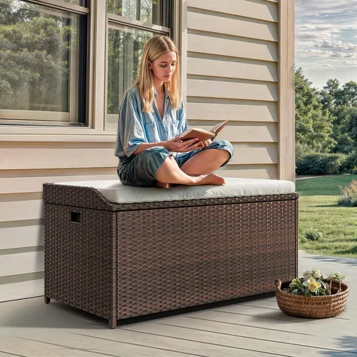 Miniatura 3 de YITAHOME Banco de almacenamiento al aire libre, banco de almacenamiento de ratán PE de 70 galones con asas y cojín suave, caja de almacenamiento al