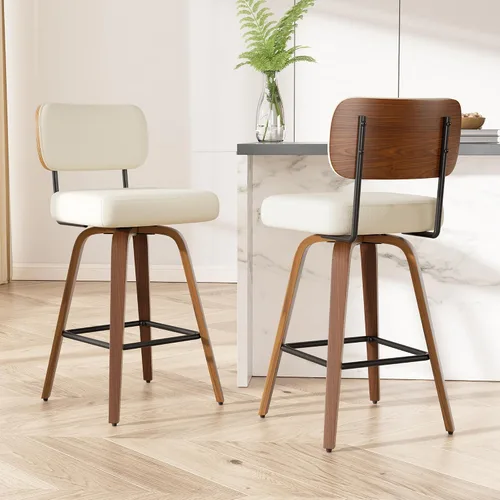 Miniatura 26 de Juego de 1 taburete de bar giratorio, taburetes de bar tapizados de 26" de altura para encimera con respaldo de nogal y patas de madera curvada