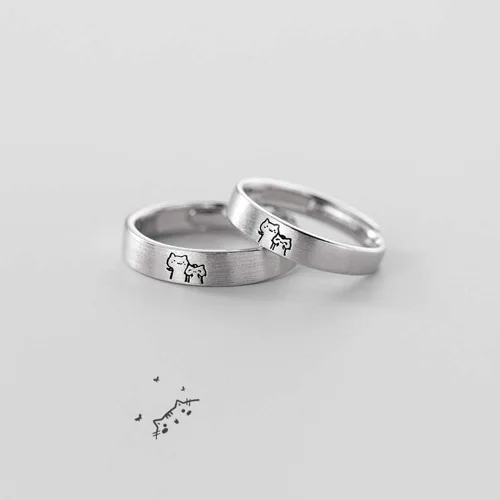 Miniatura 5 de Encantadores anillos de plata de ley S925 con diseño de gato, para él y ella, ajustable, para aniversario, compromiso, compromiso, amor, juego