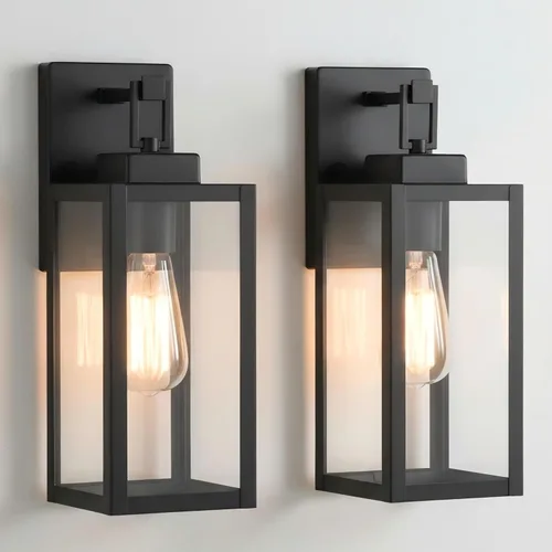 Paquete de 2 apliques para exteriores, farol de pared de 12 pulgadas, aplique exterior pequeño de metal y vidrio, faroles negros para exteriores