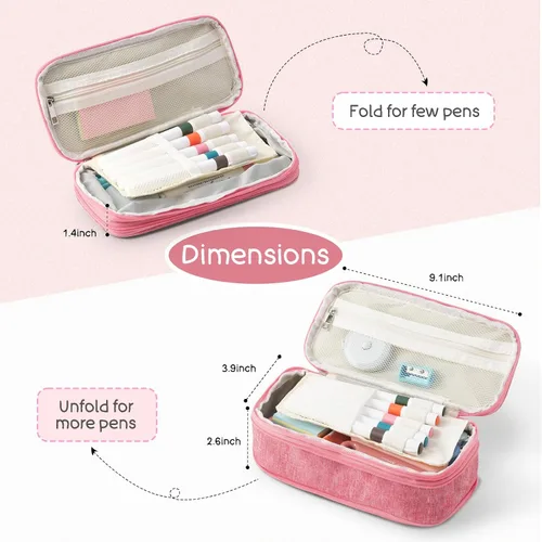 Miniatura 2 de Estuche de lápices de gran capacidad color rosa, lindo estuche de lápices con cremallera para niñas y mujeres, bolsa de lápices expandible