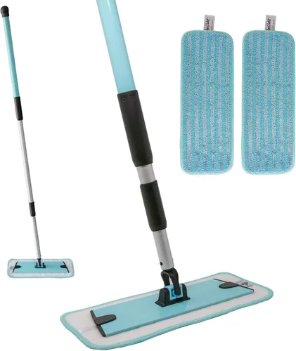 Don Aslett Trapeador de 12 pulgadas con 2 almohadillas de microfibra reutilizables (aguamarina) para baño o cocina, cabezal giratorio de 360°,