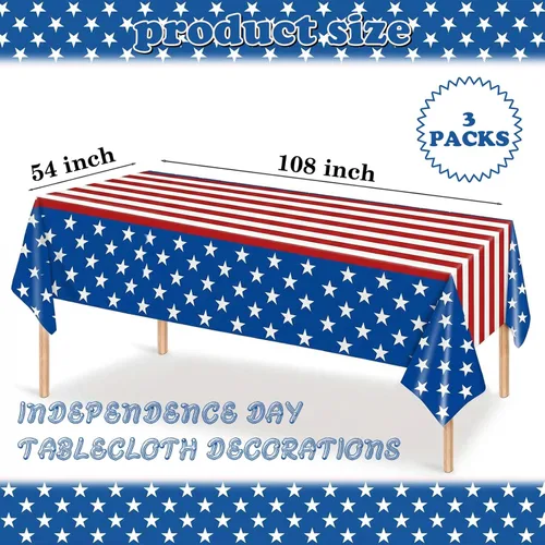 Miniatura 3 de BokingOne 3-Pack 54"x108" American Flag Plastic Tablecloth – Stars & Stripes Design, Disposable for 4th of July, Independence Day, Memorial Day, Rojo