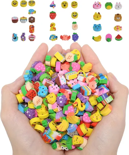 300 unidades de mini borradores para niños, divertidos animales, frutas, animales, números, tartas, caras sonrientes, varios borradores novedosos