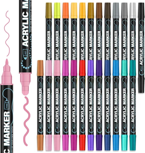 Realzeva Marcadores de Pintura Acrílica, 24 Colores de Punta Doble Marcadores de Pintura Acrílica para Pintura en Rocas, Tela, Madera, Lienzo,