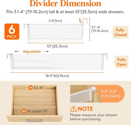 Miniatura 3 de Lifewit Paquete de 6 divisores de cajones de cocina colgantes de 3.1 pulgadas de alto, 10.2-16.5 in/10-17 organizadores de cajones ajustables