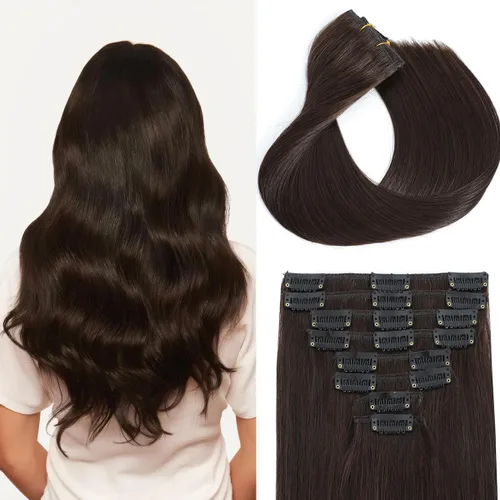 Miniatura 10 de Extensiones de cabello humano con clip, de 18 pulgadas, 8 piezas, color negro azabache, extensiones de cabello humano real para mujer, extensiones