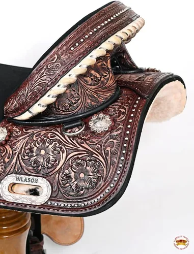 Miniatura 7 de HILASON Sillín de caballo sin árboles para niños, barril de cuero occidental americano, silla de montar de caballo silla de montar occidental