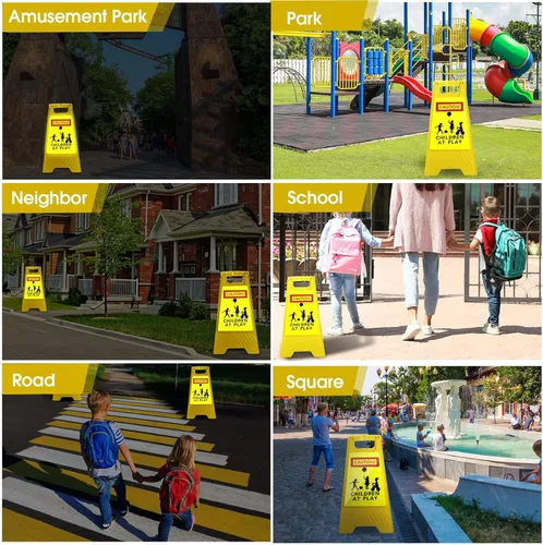 Miniatura 4 de 2 Piezas Letrero Reflectante de Niños Jugando para Calle Reduzca la Velocidad Niños en Juego Letrero de Doble Cara de 24 Pulgadas Mango Portátil