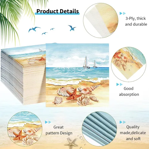 Miniatura 3 de 100 servilletas náuticas para invitados de playa de verano, 3 capas, desechables, de papel, toallas de invitados de playa, servilletas de cena