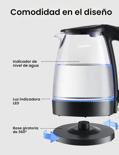 Miniatura 3 de COMFEE' Hervidor eléctrico, hervidor de agua caliente de 1.7L, hervido rápido de 1500W, hervidor de té eléctrico de vidrio con indicador LED