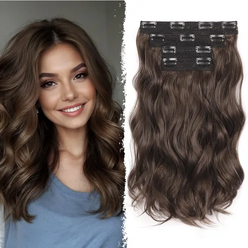 Miniatura 6 de 4 extensiones de cabello sintético con clip, extensiones de cabello rizado de 20 pulgadas de largo con clip (color: marrón medio)