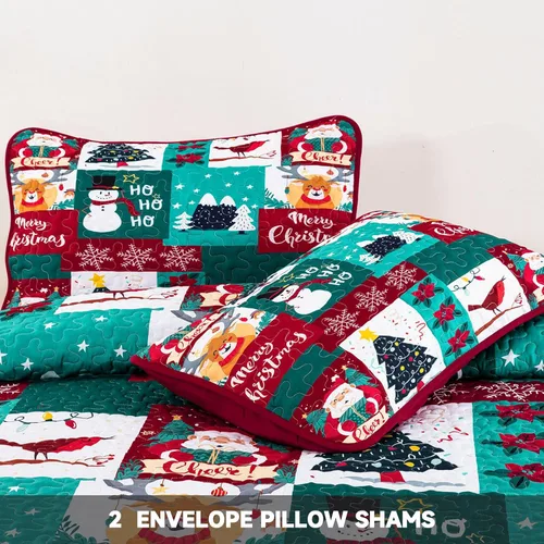 Miniatura 5 de WONGS BEDDING Juego de edredón de Navidad tamaño Queen, juego de ropa de cama con estampado de Papá Noel, alce, copo de nieve y árbol de Navidad