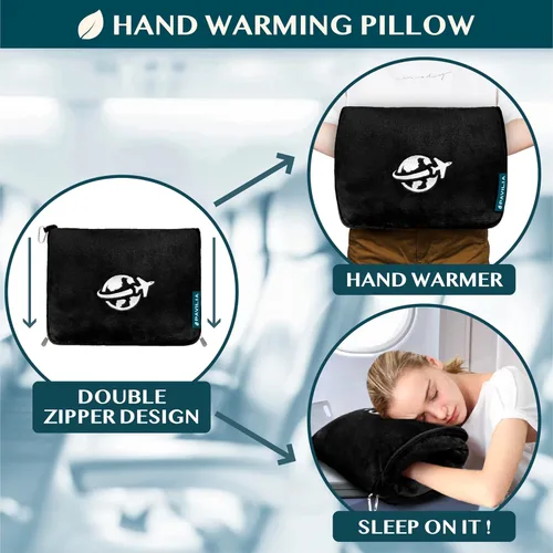 Miniatura 5 de PAVILIA Manta de viaje y almohada, manta de avión con apertura de brazos para adultos, manta compacta de avión con agujero para el brazo, bolsa 2