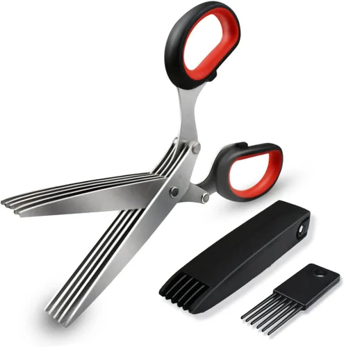 Tijeras de Hierbas de Cocina de 5 Cuchillas, Cortador de Hierbas Multiusos con 5 Cuchillas de Acero Inoxidable y Cubierta de Seguridad y Peine de