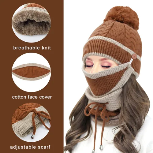 Miniatura 4 de Gorro de punto de invierno con bufanda y cubierta facial, guantes de pantalla táctil para mujer, gorro de calavera con pompón y forro polar