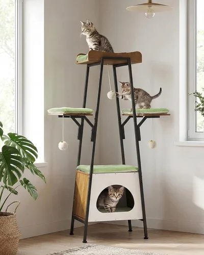 Miniatura 9 de Torre moderna de árbol para gatos de 46 pulgadas para gatos grandes, torre para gatos de varios niveles con bolas de juguete juguetonas, percha