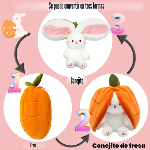 Miniatura 2 de YOUBLEK Conejo de peluche, conejo de zanahorra reversible de peluche con cremallera, lindo conejo suave, juguetes de conejo, almohada para niños