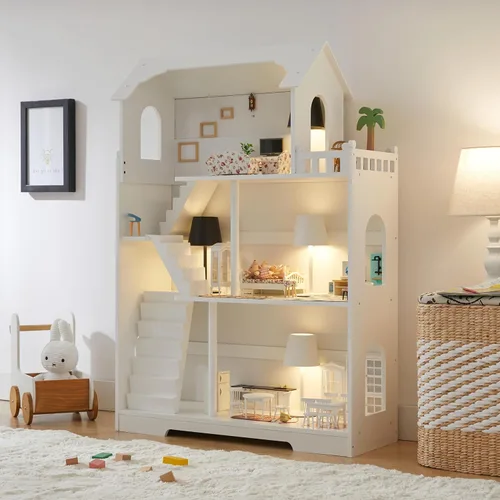 Estantería de Casa de Muñecas de Madera - Estantería de Casa de Muñecas para Niños Pequeños, Espacio Extra para Almacenamiento de Juguetes y Libros,