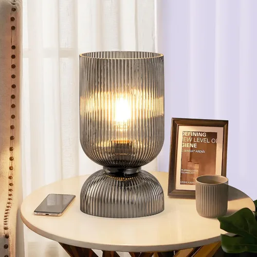 Lámpara de mesa moderna, lámpara de vidrio de mediados de siglo con pantalla de vidrio gris ahumado, lámpara de cabecera con interruptor de