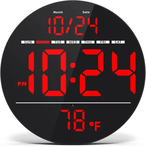 Miniatura 10 de Reloj de pared digital con gran pantalla LED, fecha, temperatura, brillo automático Pequeño reloj [ENCHUFE] Reloj de pared eléctrico moderno