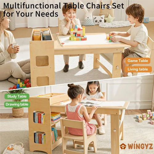 Miniatura 4 de WINGYZ Mesa y sillas de arte para niños, mesa de actividades para niños pequeños y 2 sillas con armario de almacenamiento, mesa de manualidades 5