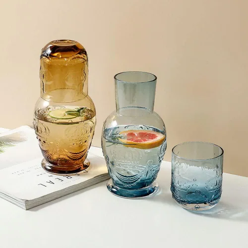 Miniatura 5 de Retro Crown Relief - Jarra de agua de noche de cristal transparente con vaso, jarra y taza de noche