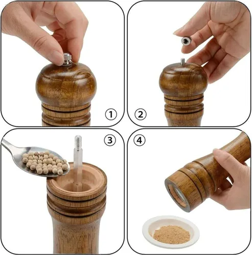 Miniatura 5 de Juego de 2 molinillos de sal y pimienta de madera de 8 pulgadas, molinillo de sal ajustable de madera de roble, mecanismo de molienda de cerámica
