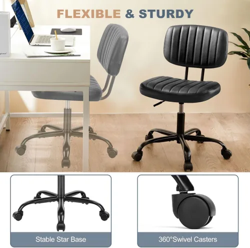 Miniatura 7 de Silla de escritorio de oficina sin brazos, soporte lumbar de respaldo bajo, pequeña ergonómica, silla giratoria de piel sintética de 360° con altura