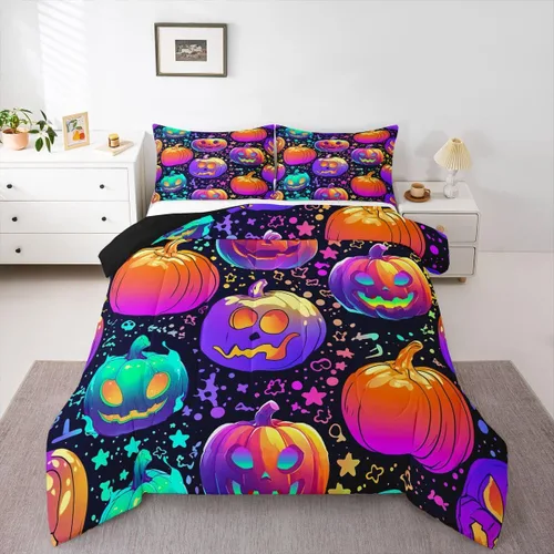 Miniatura 11 de Erosebridal Ropa de cama de Halloween para niños y niñas, juego de edredón espeluznante de dibujos animados, tamaño individual, relleno de edredón