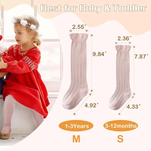 Miniatura 5 de Zando Calcetines altos hasta la rodilla para bebés recién nacidos, calcetines de algodón con volantes, calcetines largos cálidos para niñas y niños