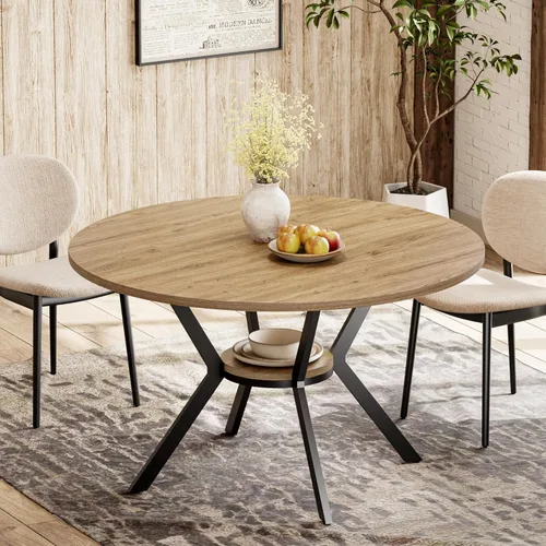MECHYIN Mesa de comedor redonda para 4 personas, mesa de cocina de granja de 42 pulgadas con almacenamiento, mesa de pedestal circular de madera