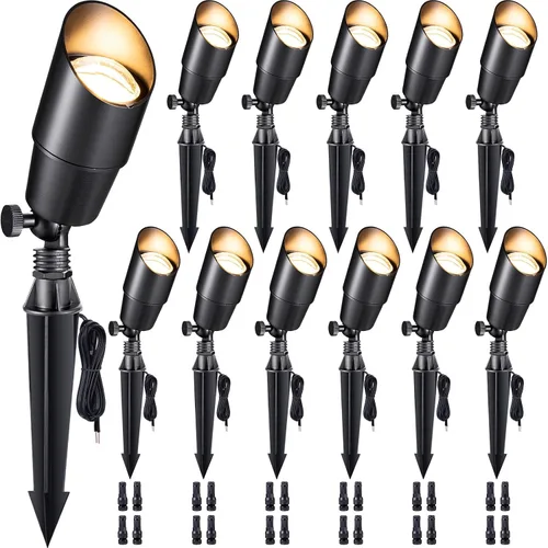 Miniatura 13 de Gardenreet Focos de paisaje de bajo voltaje – Luz LED de latón para exteriores de 12 V, focos con cable IP65 impermeables, bronce antiguo