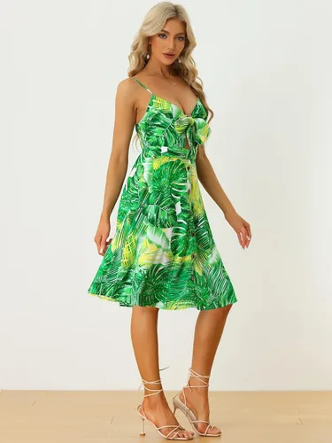 Miniatura 4 de Allegra K Vestido de tirantes con nudo para mujer, estampado tropical, sin mangas, con nudo frontal