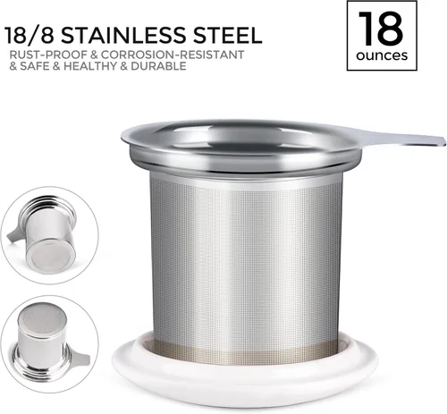 Miniatura 3 de GBHOME Taza de té con infusor y tapa, taza de té grande de cerámica de 18 onzas para hojas sueltas, apta para microondas y lavavajillas, taza