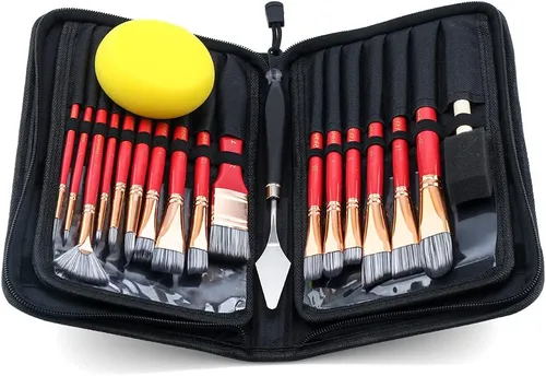 Miniatura 8 de Transon Kit de 20 pinceles de pintura artística con estuche de almacenamiento, 16 pinceles + espátula de esponja para aceite acrílico, acuarela, Rosa