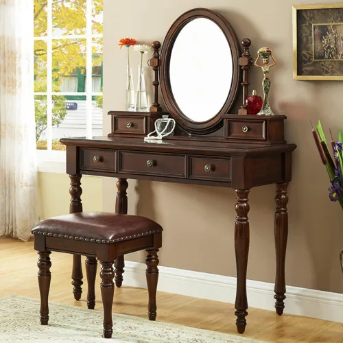 Miniatura 2 de Vintage Vanity Desk with Adjustable Angle Mirror, 39.4 in Wooden Makeup Dressing Table Set for Bedroom with 5 Drawers, Cushioned Stool